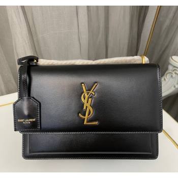 Saint Laurent Sunset Medium Bag in Box Leather 442906 Black/Gold 2023 (nana-231211079)