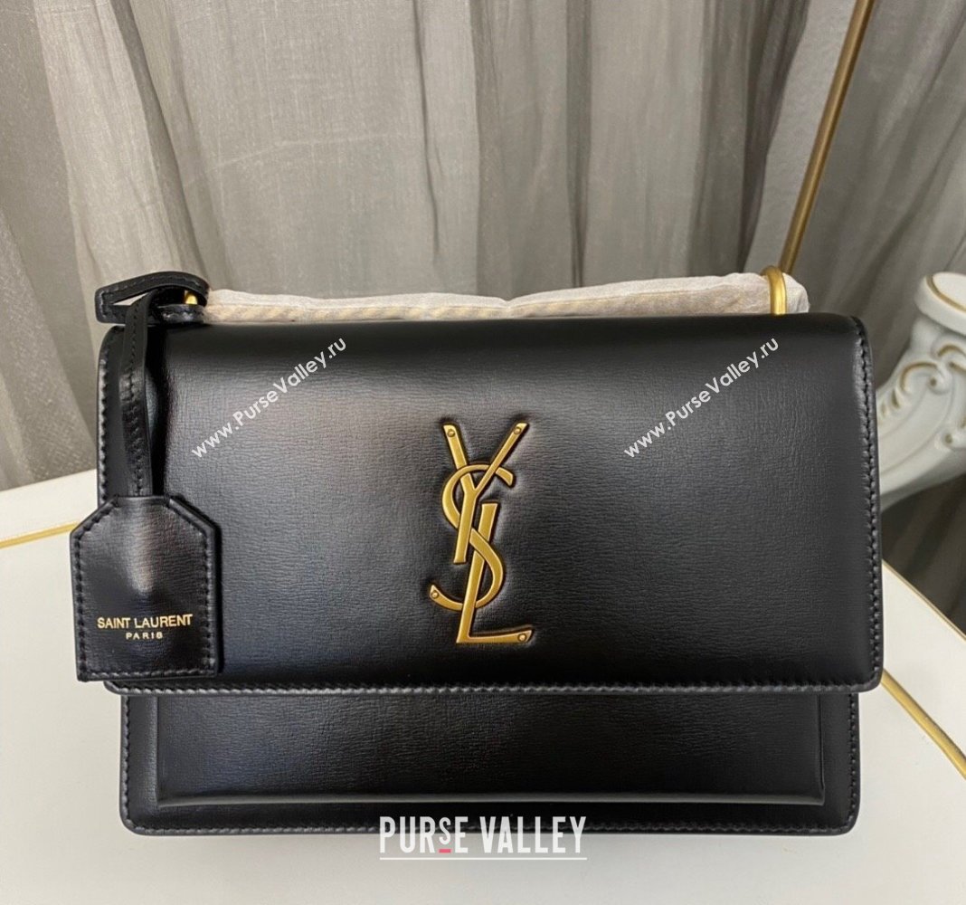 Saint Laurent Sunset Medium Bag in Box Leather 442906 Black/Gold 2023 (nana-231211079)