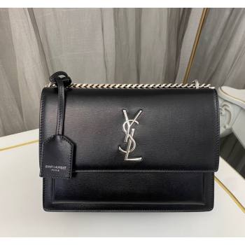 Saint Laurent Sunset Medium Bag in Box Leather 442906 Black/Silver 2023 (nana-231211080)