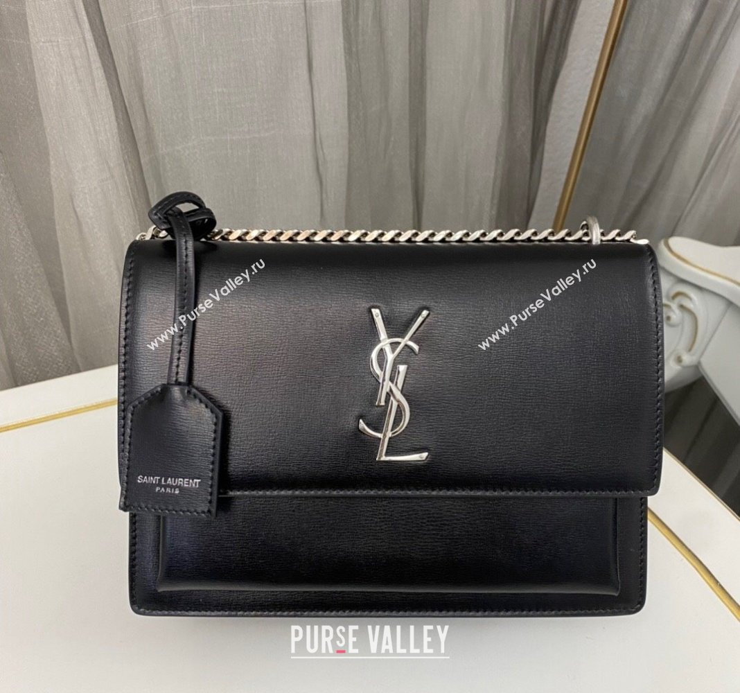 Saint Laurent Sunset Medium Bag in Box Leather 442906 Black/Silver 2023 (nana-231211080)