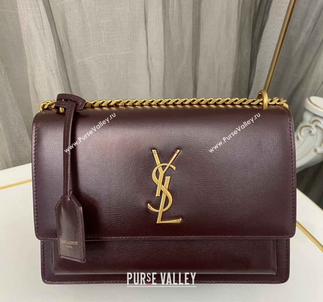 Saint Laurent Sunset Medium Bag in Box Leather 442906 Burgundy/Gold 2023 (nana-231211081)