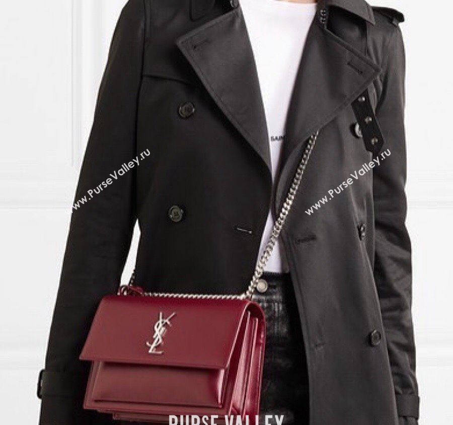 Saint Laurent Sunset Medium Bag in Box Leather 442906 Burgundy/Gold 2023 (nana-231211081)