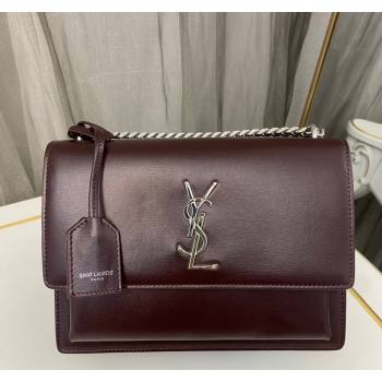 Saint Laurent Sunset Medium Bag in Box Leather 442906 Burgundy/Silver 2023 (nana-231211082)