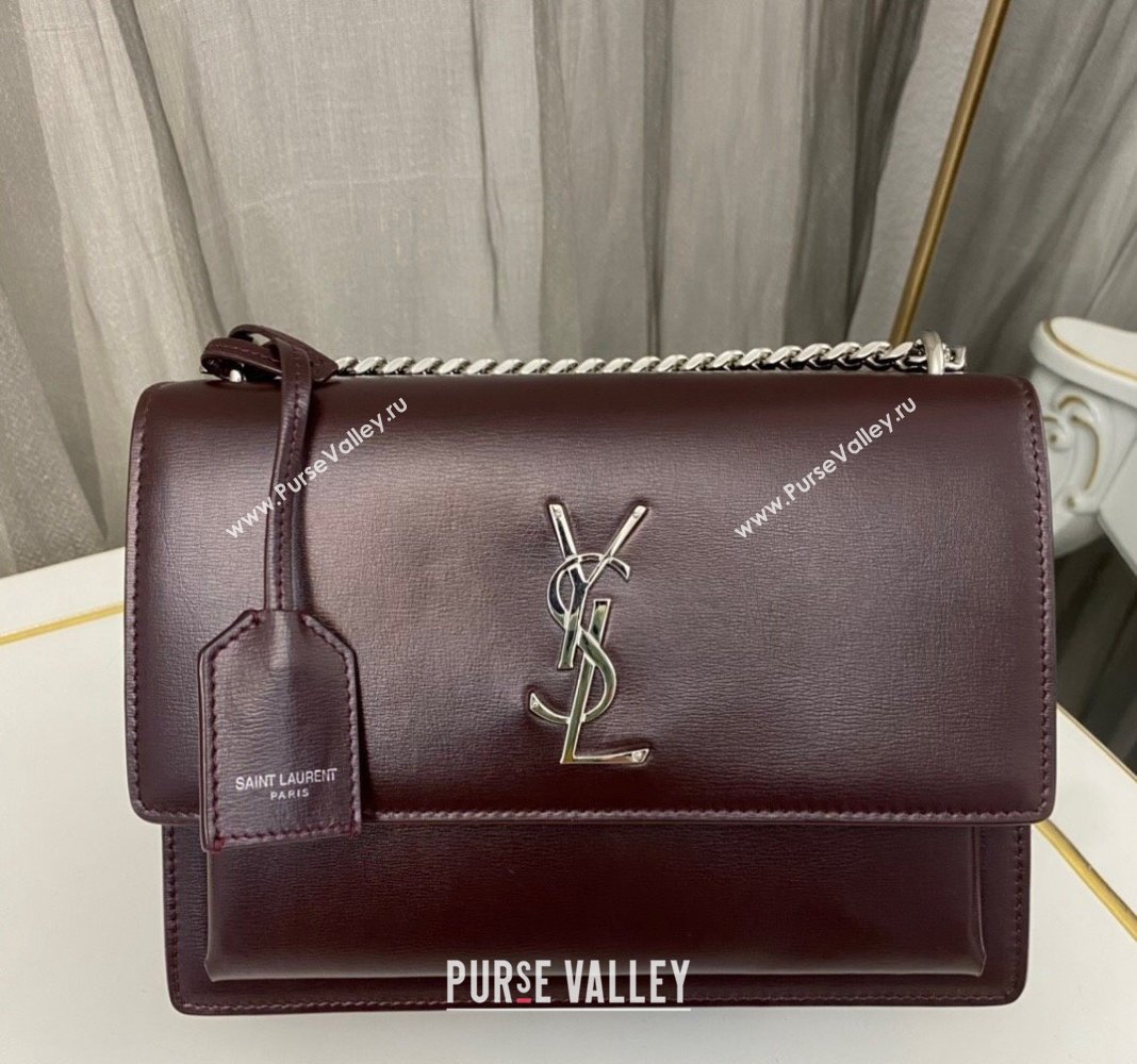 Saint Laurent Sunset Medium Bag in Box Leather 442906 Burgundy/Silver 2023 (nana-231211082)