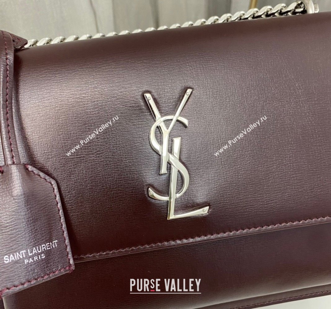 Saint Laurent Sunset Medium Bag in Box Leather 442906 Burgundy/Silver 2023 (nana-231211082)