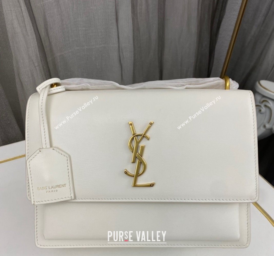 Saint Laurent Sunset Medium Bag in Box Leather 442906 White/Gold 2023 (nana-231211084)