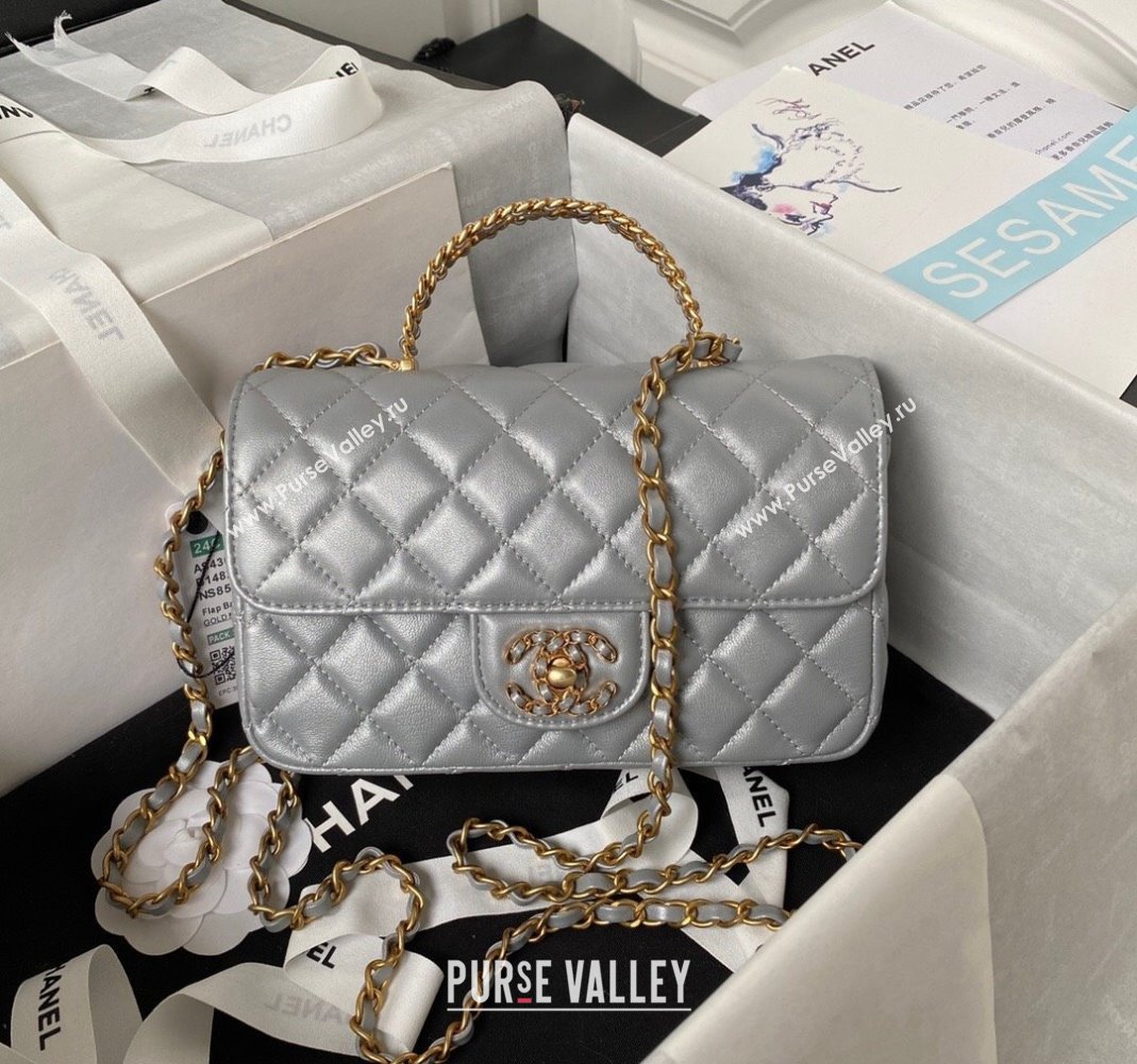 Chanel Quilted Lambskin Coco Mini Flap Bag with CHANEL Top Handle and Crystals AS4362 Grey 2023 (yezi-231208003)