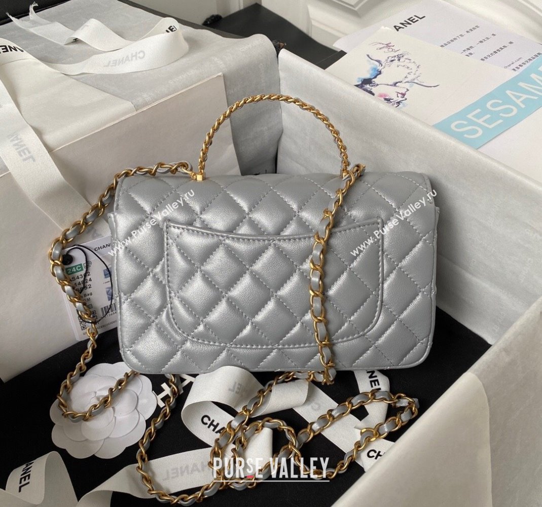 Chanel Quilted Lambskin Coco Mini Flap Bag with CHANEL Top Handle and Crystals AS4362 Grey 2023 (yezi-231208003)