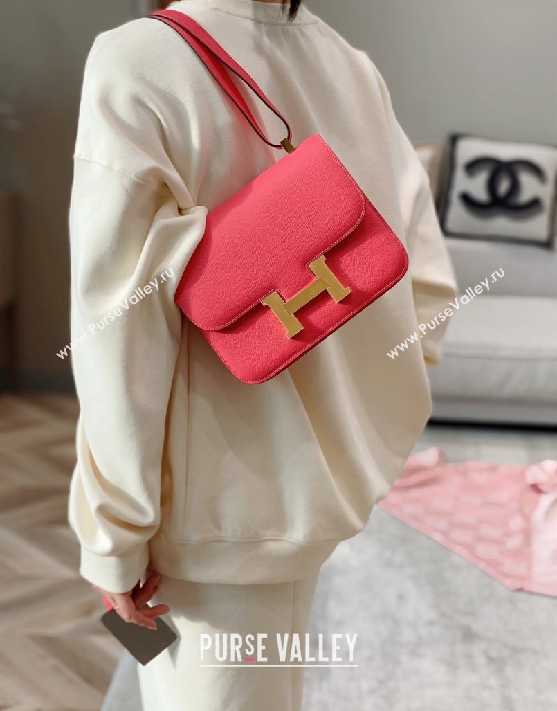 Hermes Constance Bag 23cm in Epsom Leather with Mirror Rose Lipstick Pink/Gold 2023 NEW ( Half Handmade) (FL-231209058)