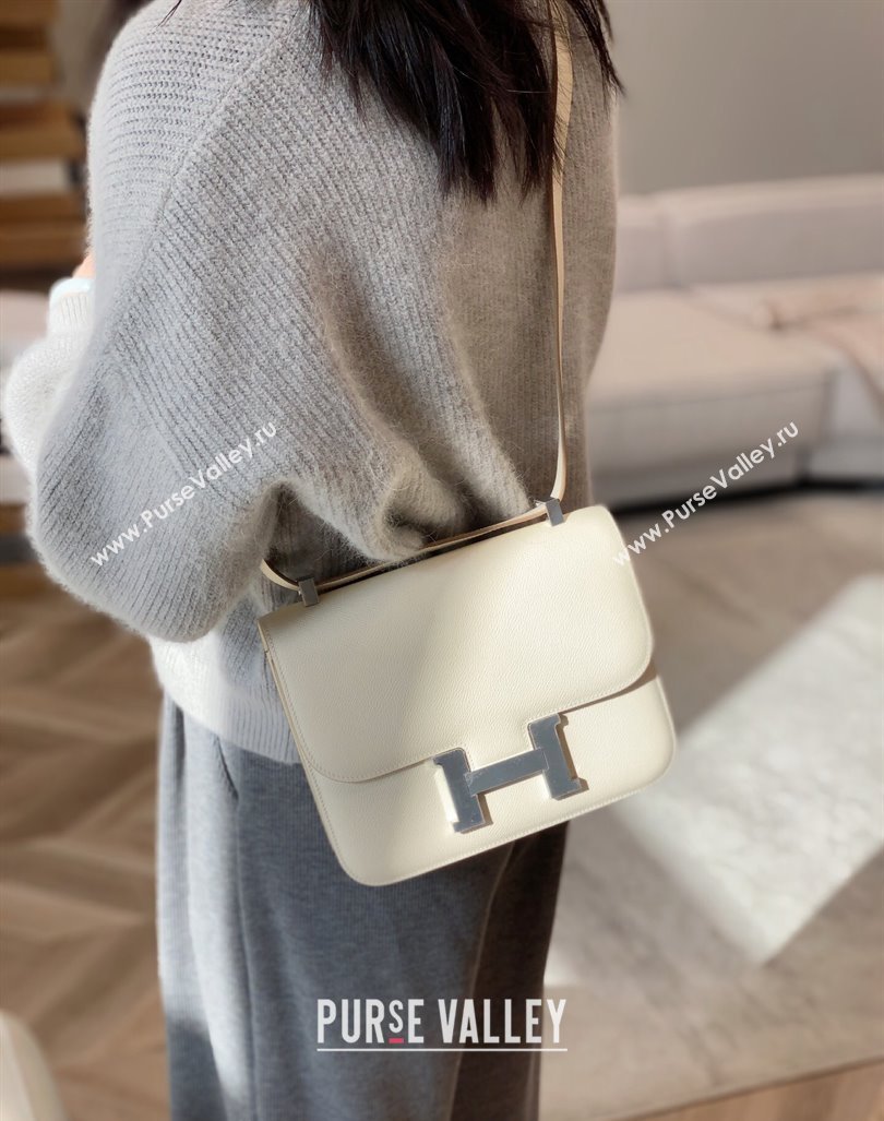 Hermes Constance Bag 23cm in Epsom Leather with Mirror Cream White/Silver 2023 NEW ( Half Handmade) (FL-231209062)