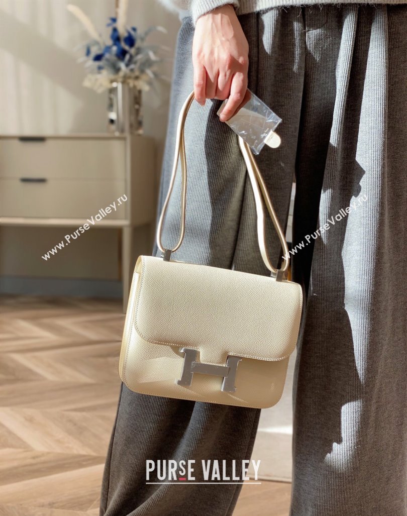 Hermes Constance Bag 23cm in Epsom Leather with Mirror Cream White/Silver 2023 NEW ( Half Handmade) (FL-231209062)