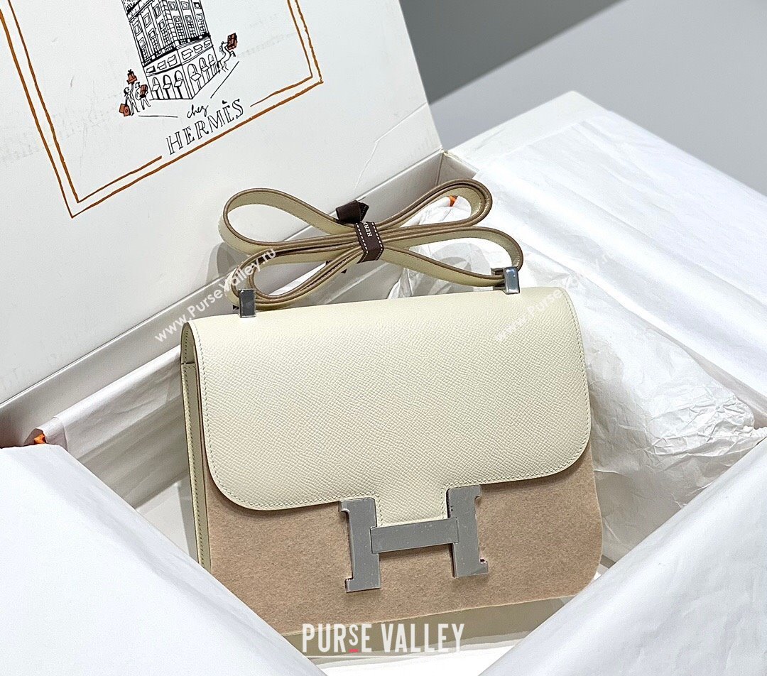 Hermes Constance Bag 23cm in Epsom Leather with Mirror Cream White/Silver 2023 NEW ( Half Handmade) (FL-231209062)