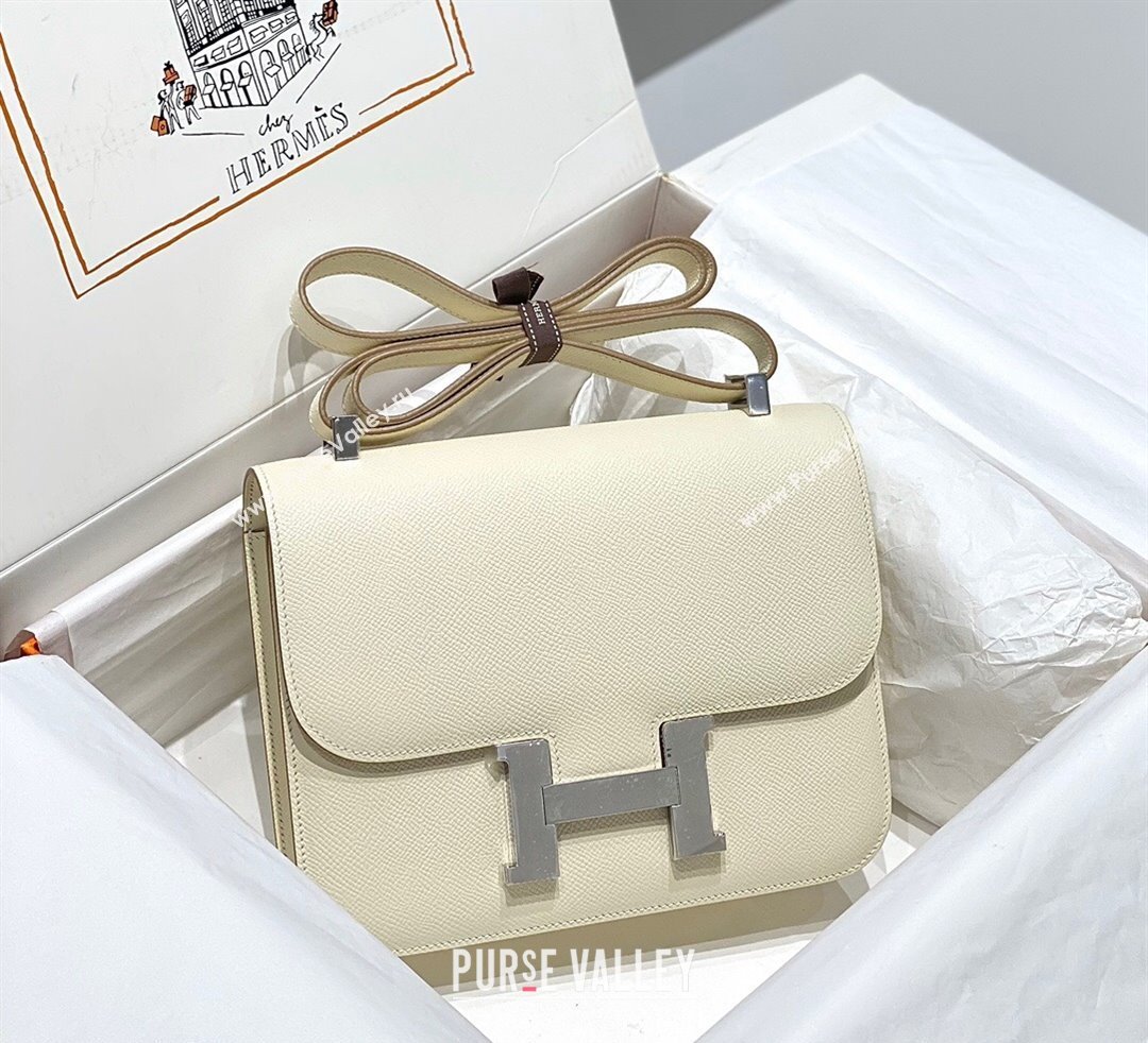 Hermes Constance Bag 23cm in Epsom Leather with Mirror Cream White/Silver 2023 NEW ( Half Handmade) (FL-231209062)