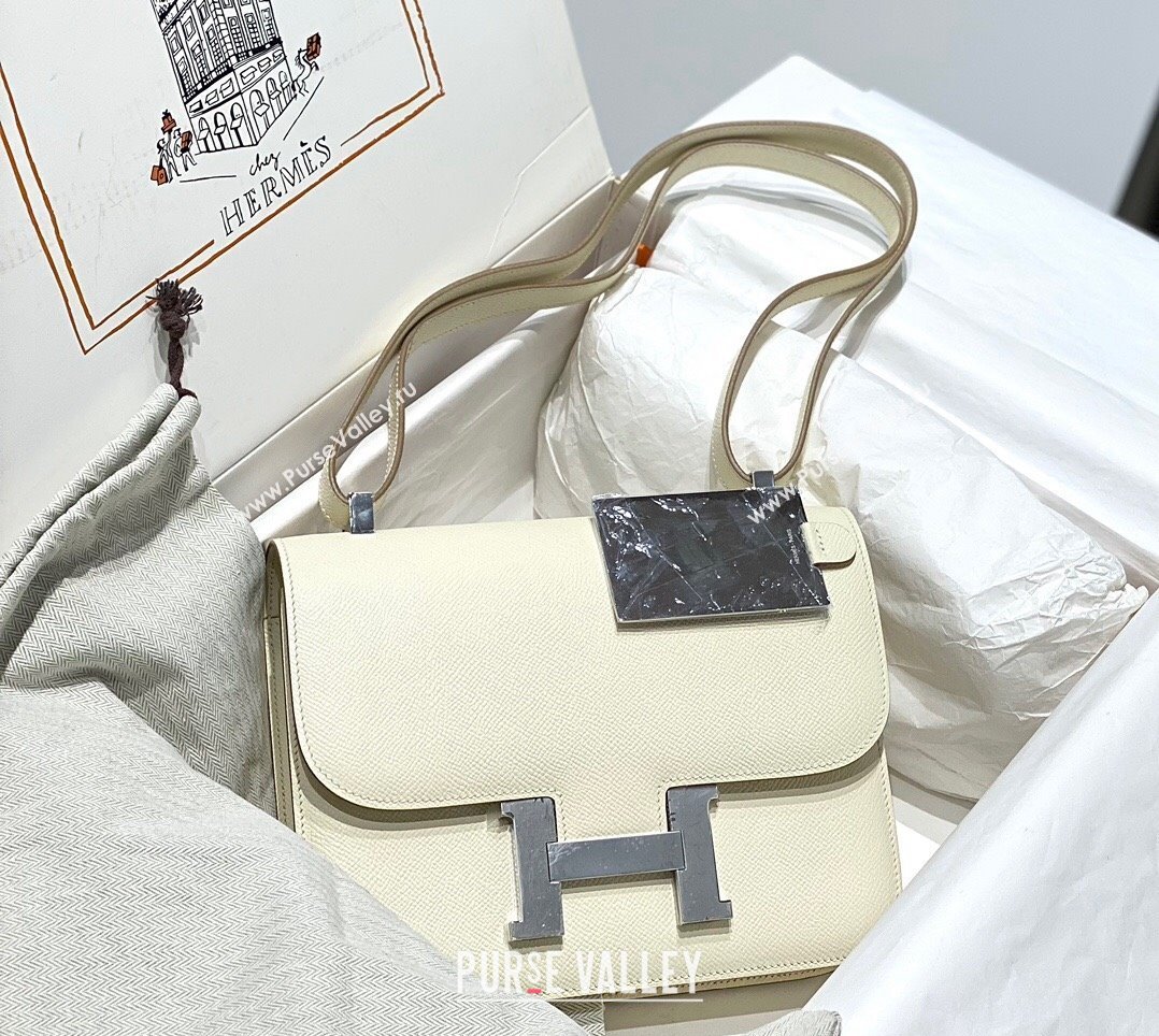 Hermes Constance Bag 23cm in Epsom Leather with Mirror Cream White/Silver 2023 NEW ( Half Handmade) (FL-231209062)