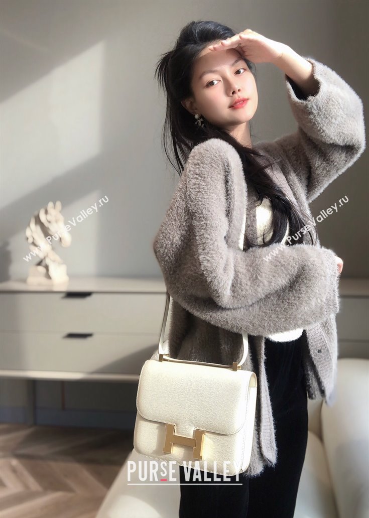 Hermes Constance Bag 23cm in Epsom Leather with Mirror Cream White/Gold 2023 NEW ( Half Handmade) (FL-231209063)