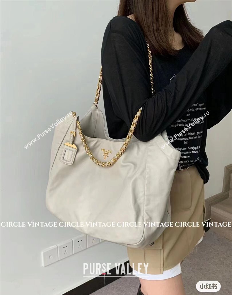 Prada Calfskin Tote Bag with Chain 1BA638 White 2023 (YZ-231211024)