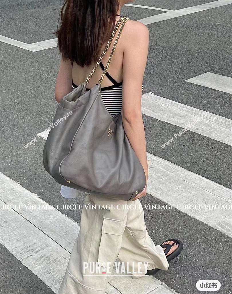 Prada Calfskin Tote Bag with Chain 1BA638 Light Grey 2023 (YZ-231211025)