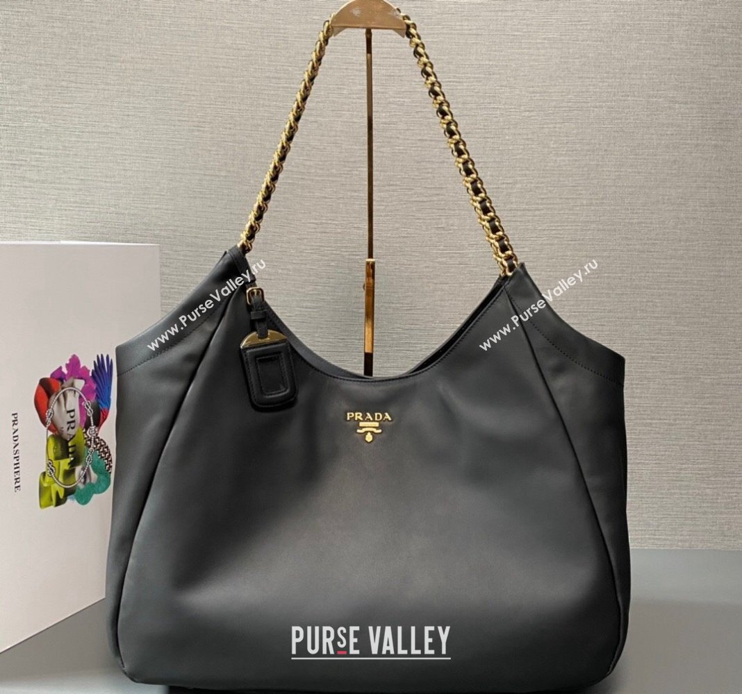 Prada Calfskin Tote Bag with Chain 1BA638 Black 2023 (YZ-231211023)