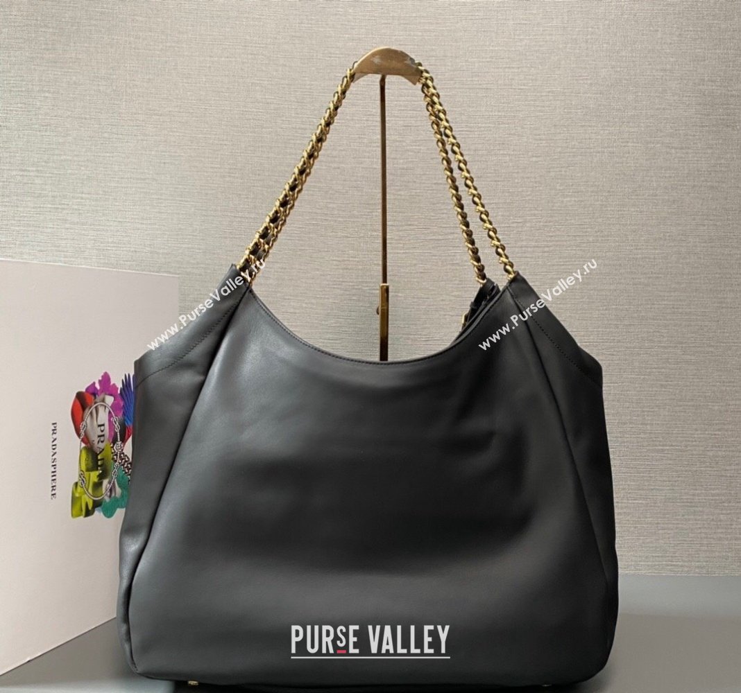 Prada Calfskin Tote Bag with Chain 1BA638 Black 2023 (YZ-231211023)