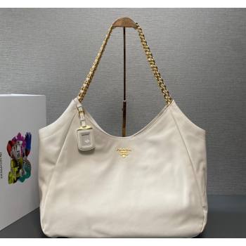 Prada Calfskin Tote Bag with Chain 1BA638 White 2023 (YZ-231211024)