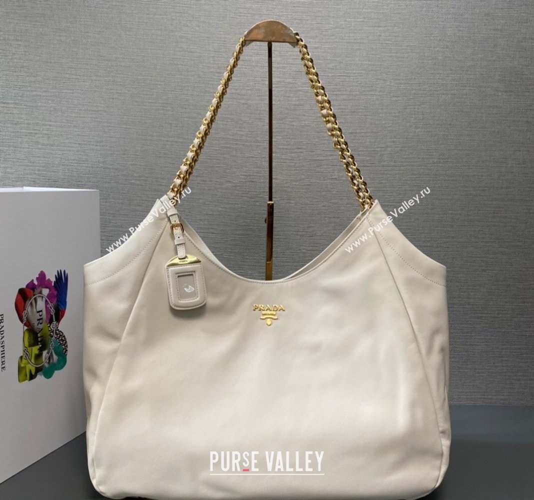 Prada Calfskin Tote Bag with Chain 1BA638 White 2023 (YZ-231211024)