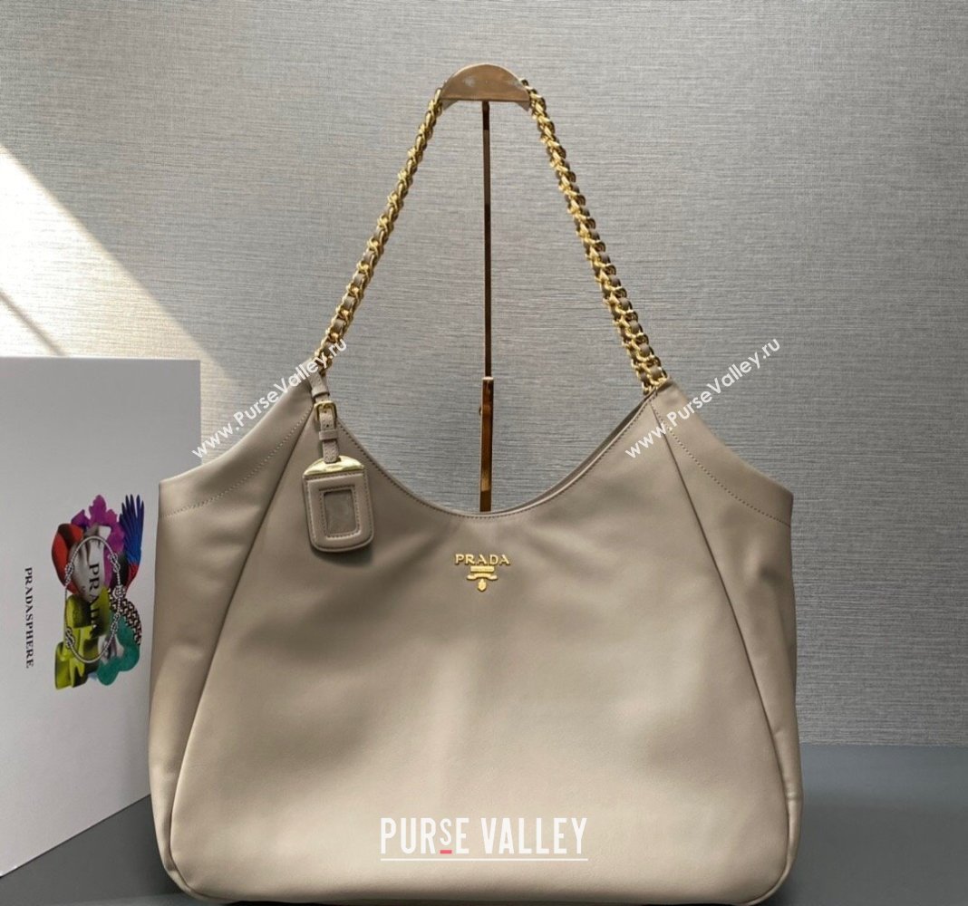 Prada Calfskin Tote Bag with Chain 1BA638 Light Grey 2023 (YZ-231211025)