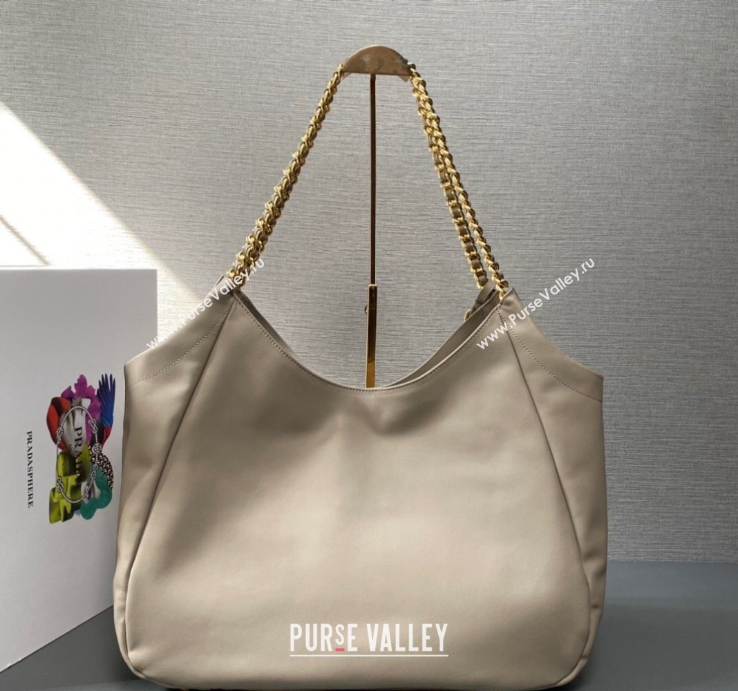 Prada Calfskin Tote Bag with Chain 1BA638 Light Grey 2023 (YZ-231211025)