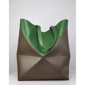 Loewe Large Puzzle Fold Tote in patchwork calfskin Umber Grey/Hunter Green 2023 (Ys-231211052)