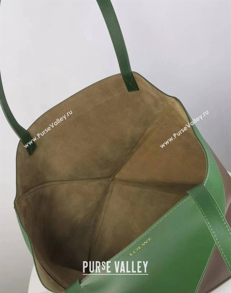 Loewe Large Puzzle Fold Tote in patchwork calfskin Umber Grey/Hunter Green 2023 (Ys-231211052)