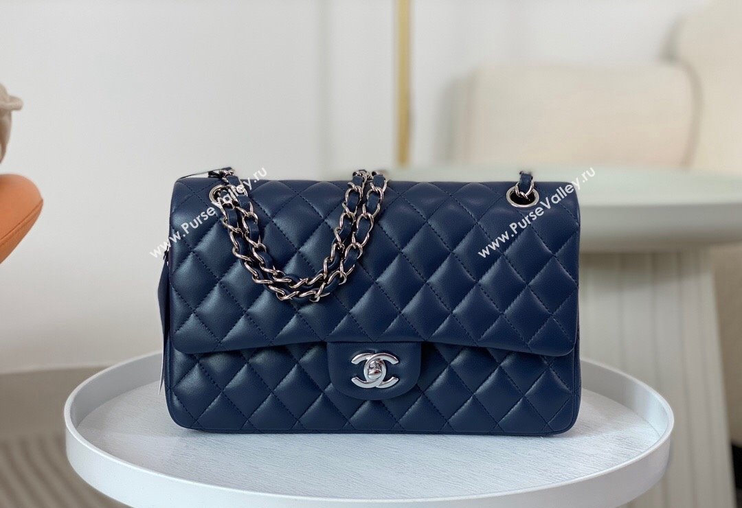 Chanel Lambskin Classic Medium Flap Bag A01112 Navy Blue/Silver 2023 (sm-2312260140)