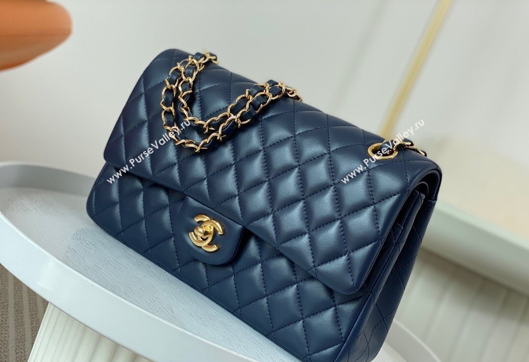 Chanel Lambskin Classic Medium Flap Bag A01112 Navy Blue/Gold 2023 (sm-2312260146)