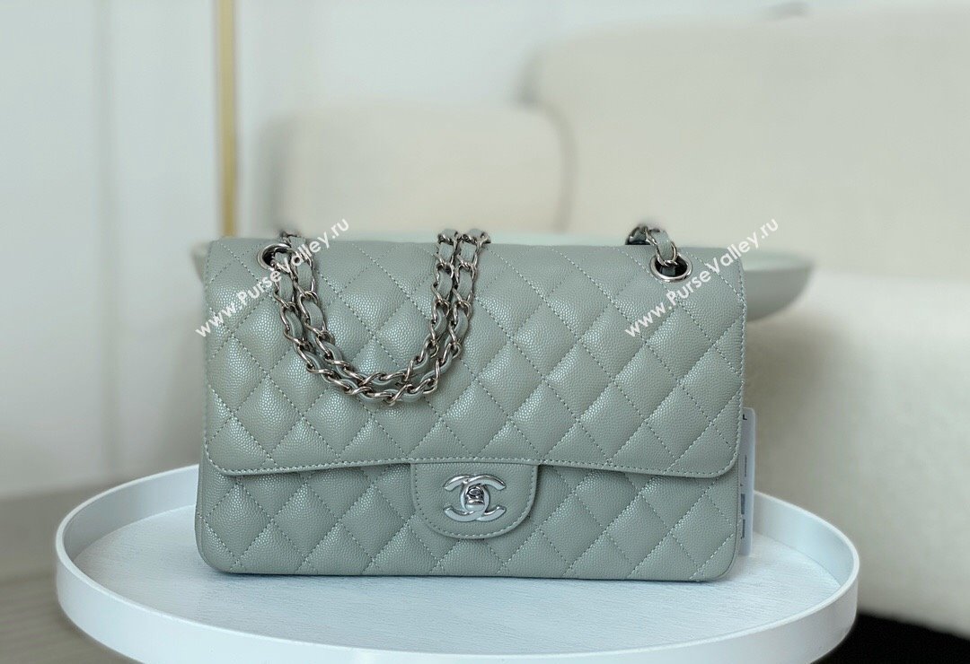 Chanel Grained Calfskin Classic Medium Flap Bag A01112 Light Grey/Silver 2023 (SM-231227012)