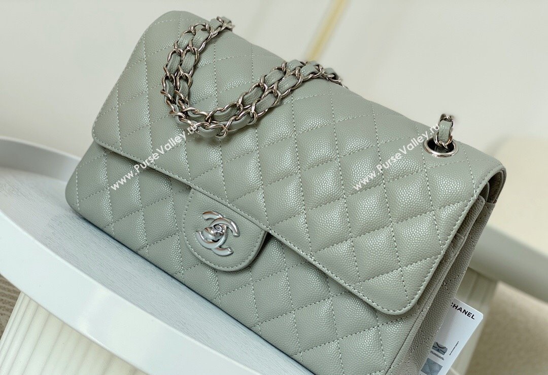 Chanel Grained Calfskin Classic Medium Flap Bag A01112 Light Grey/Silver 2023 (SM-231227012)