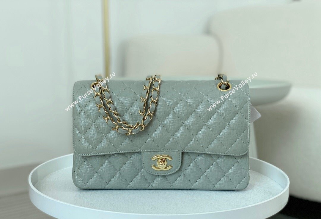 Chanel Grained Calfskin Classic Medium Flap Bag A01112 Light Grey/Gold 2023 (SM-231227014)