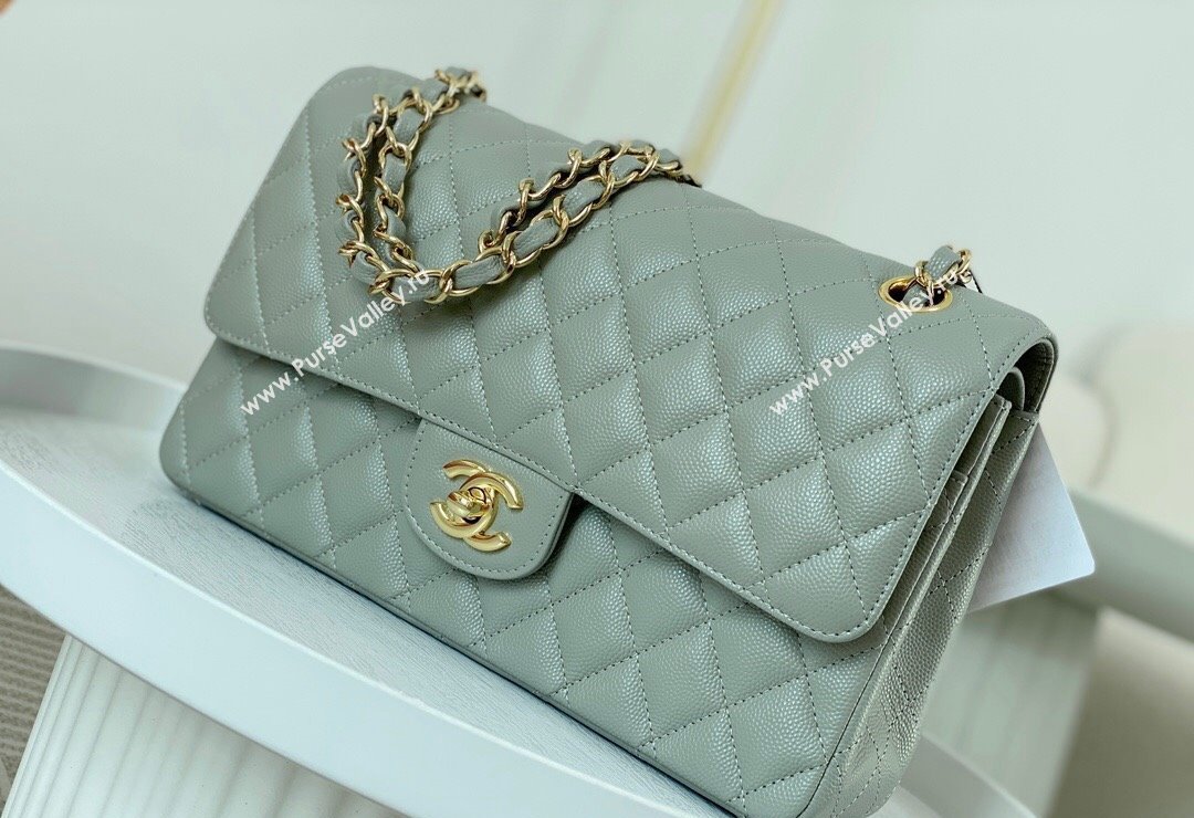 Chanel Grained Calfskin Classic Medium Flap Bag A01112 Light Grey/Gold 2023 (SM-231227014)