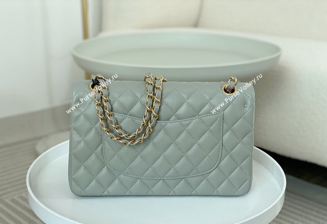 Chanel Grained Calfskin Classic Medium Flap Bag A01112 Light Grey/Gold 2023 (SM-231227014)