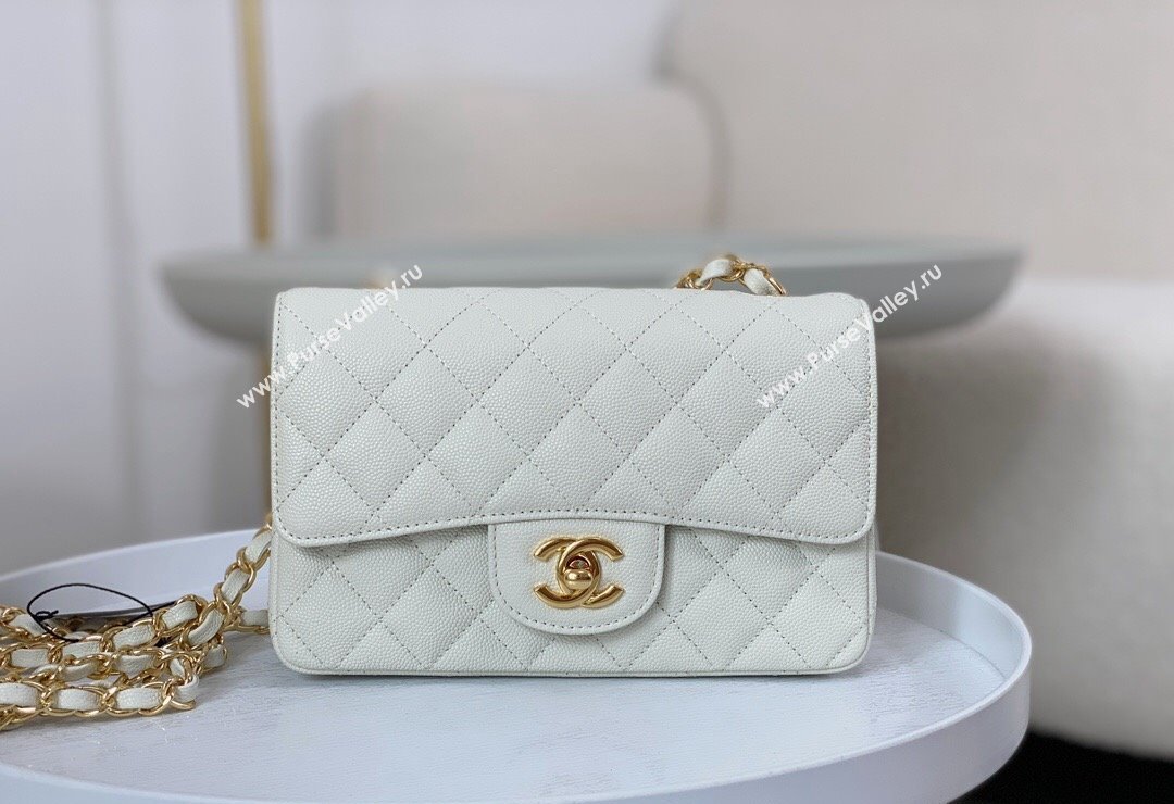 Chanel Grained Calfskin Classic Mini Flap Bag A69900 White/Gold 2023 (SM-231227031)