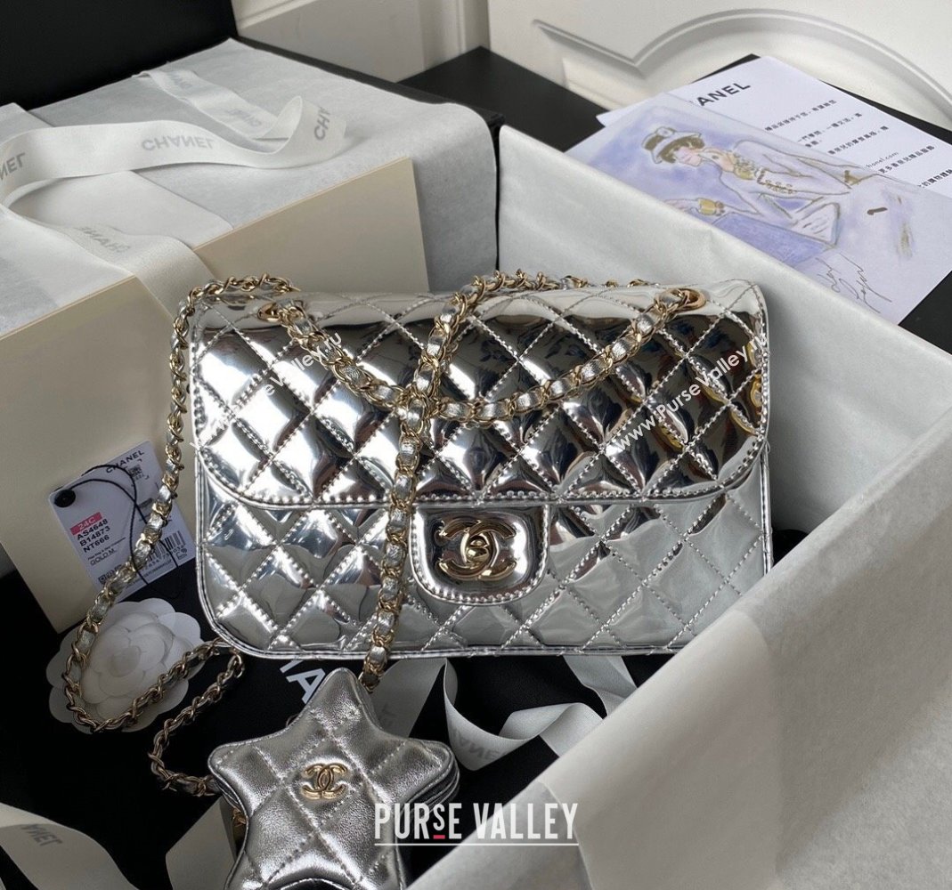 Chanel Mirror Calfskin Flap Bag Star Coin Purse AS4648 Silver 2023 (yezi-231226077)