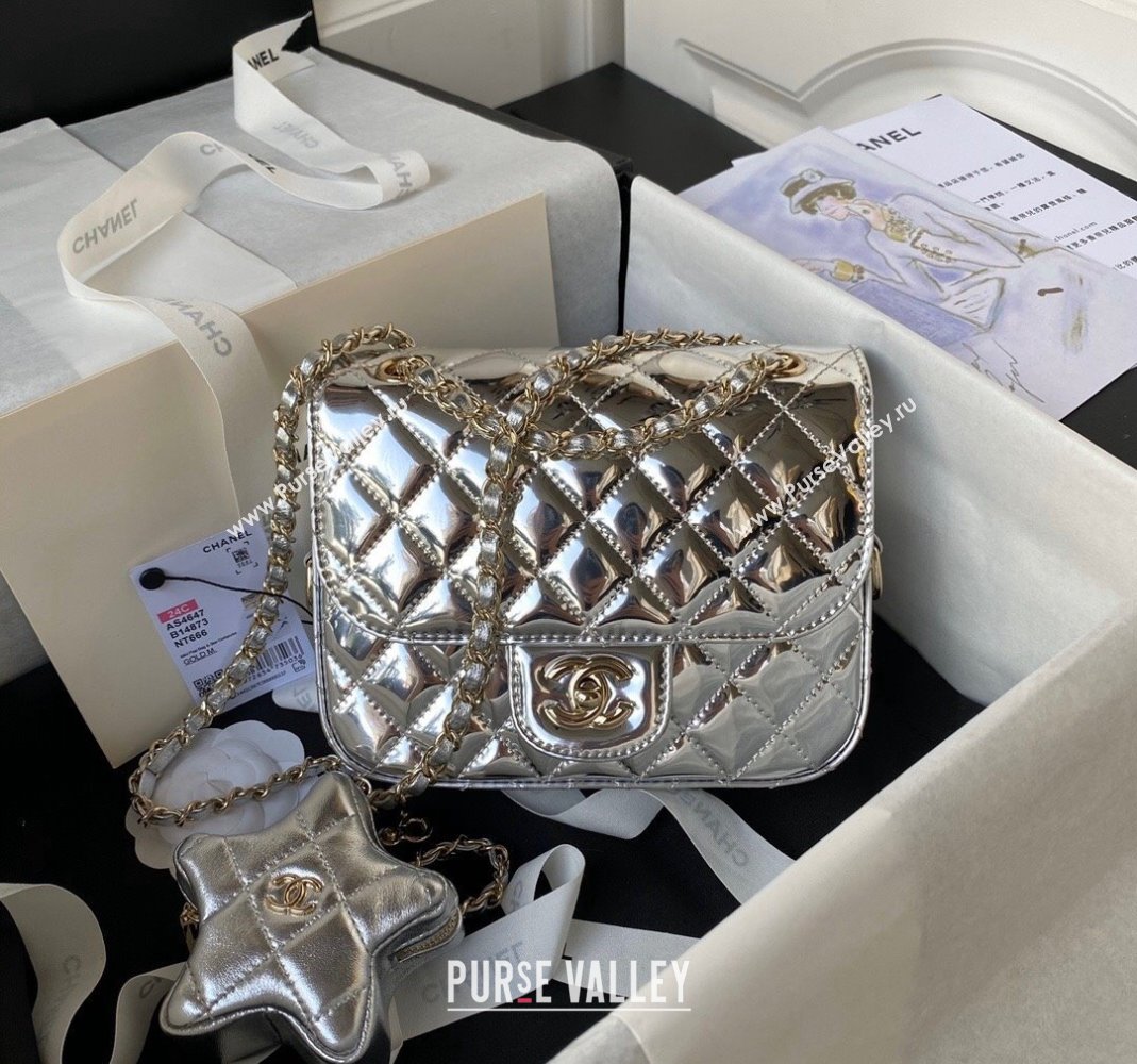 Chanel Mirror Calfskin Mini Flap Bag Star Coin Purse AS4647 Silver 2023 (yezi-231226079)