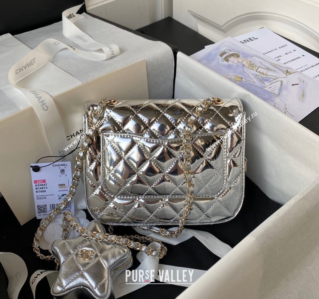 Chanel Mirror Calfskin Mini Flap Bag Star Coin Purse AS4647 Silver 2023 (yezi-231226079)