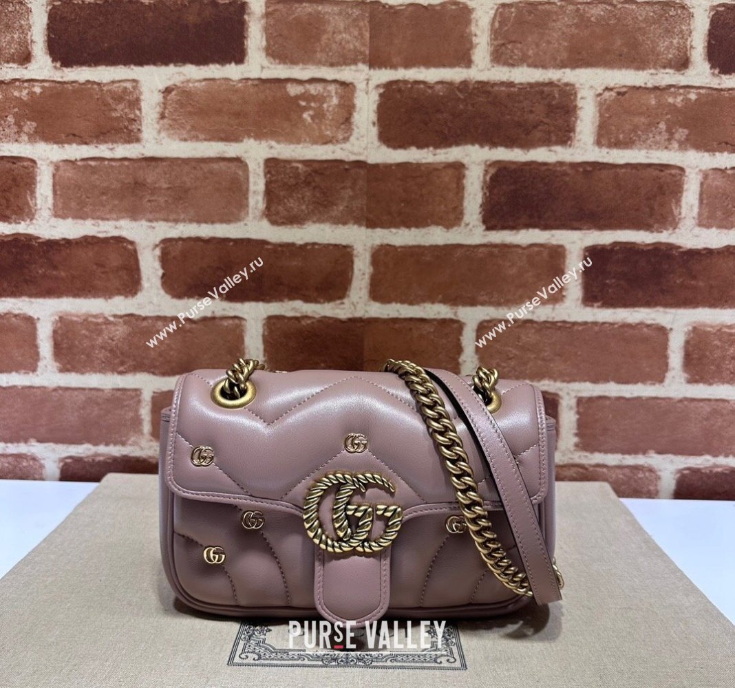 Gucci GG Marmont Leather Mini Shoulder Bag with GG Studs ‎446744 Nude Pink 2023 (DLH-231227132)