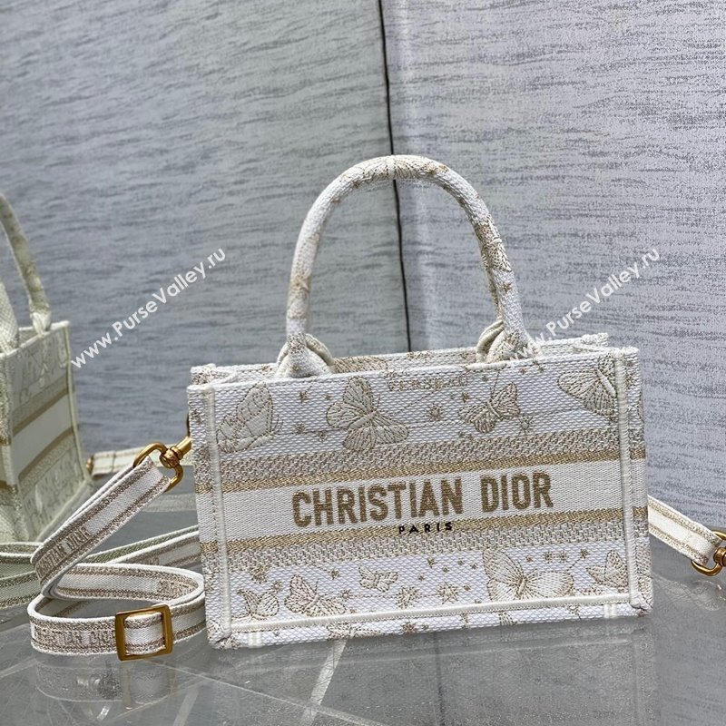 Dior Mini Book Tote Bag with Strap in Gold-Tone and White Butterfly Zodiac Embroidery 2023 (BF-231228021)