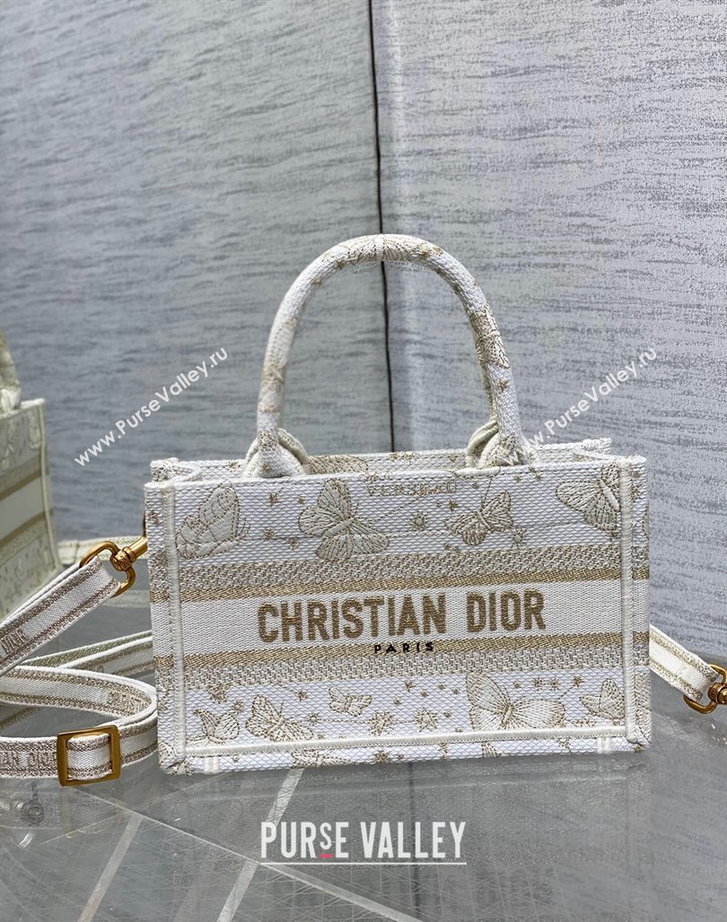 Dior Mini Book Tote Bag with Strap in Gold-Tone and White Butterfly Zodiac Embroidery 2023 (BF-231228021)