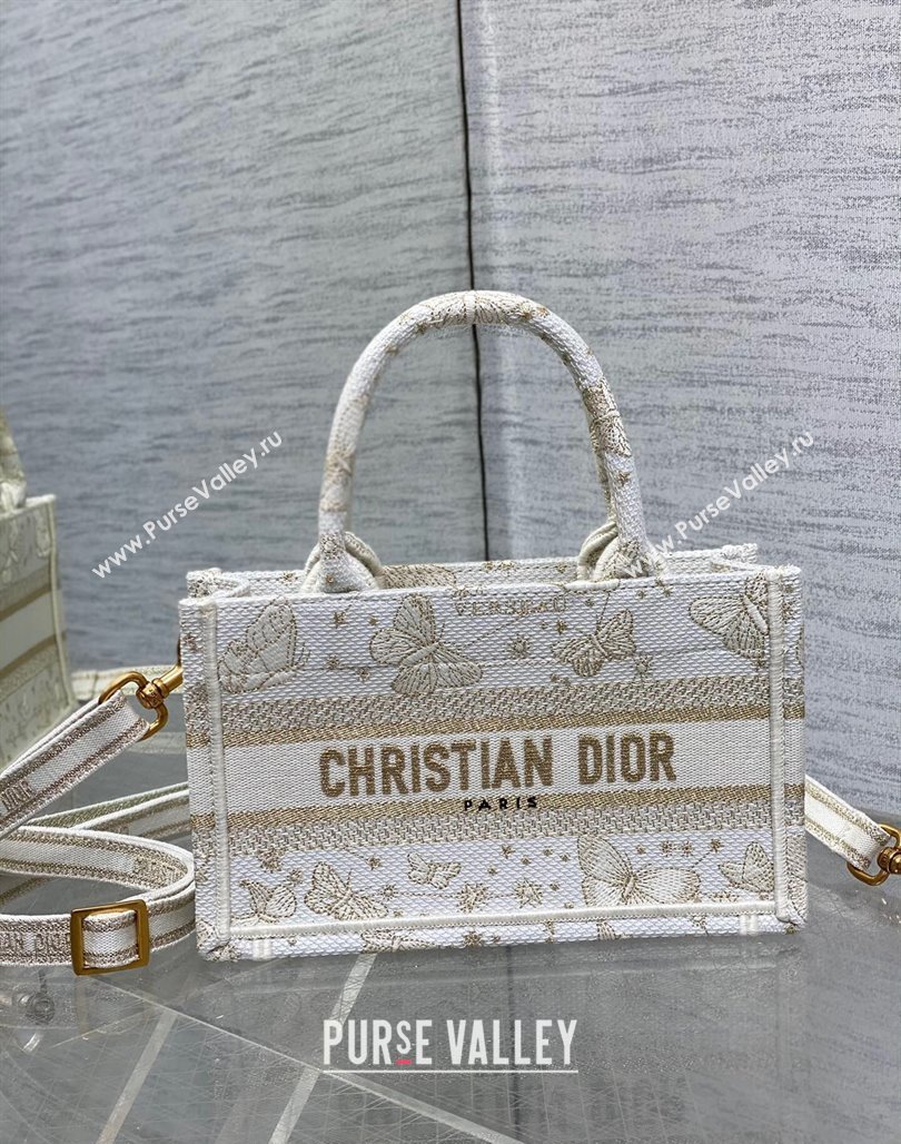 Dior Mini Book Tote Bag with Strap in Gold-Tone and White Butterfly Zodiac Embroidery 2023 (BF-231228021)