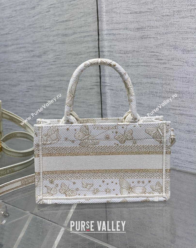 Dior Mini Book Tote Bag with Strap in Gold-Tone and White Butterfly Zodiac Embroidery 2023 (BF-231228021)