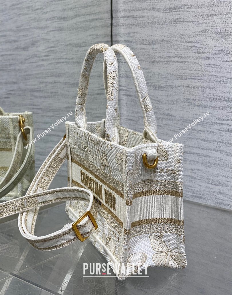 Dior Mini Book Tote Bag with Strap in Gold-Tone and White Butterfly Zodiac Embroidery 2023 (BF-231228021)