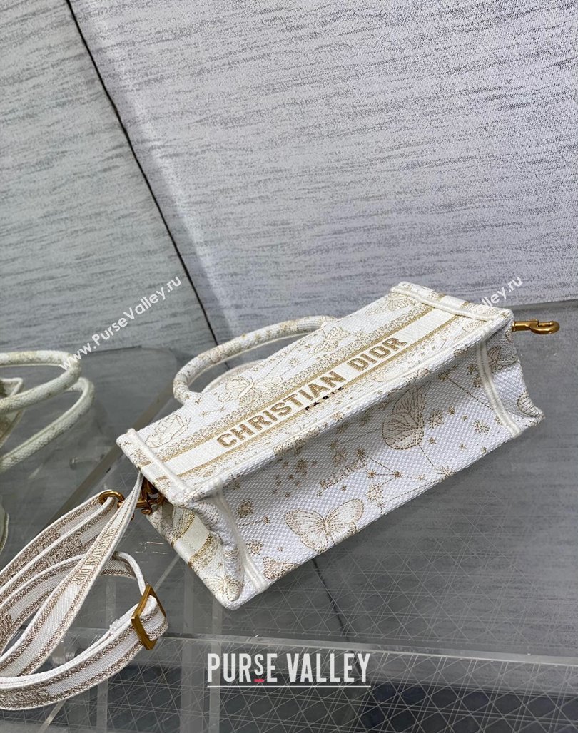 Dior Mini Book Tote Bag with Strap in Gold-Tone and White Butterfly Zodiac Embroidery 2023 (BF-231228021)