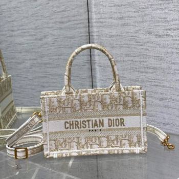 Dior Mini Book Tote Bag with Strap in White and Gold-Tone Dior Oblique Embroidery 2023 (BF-231228022)