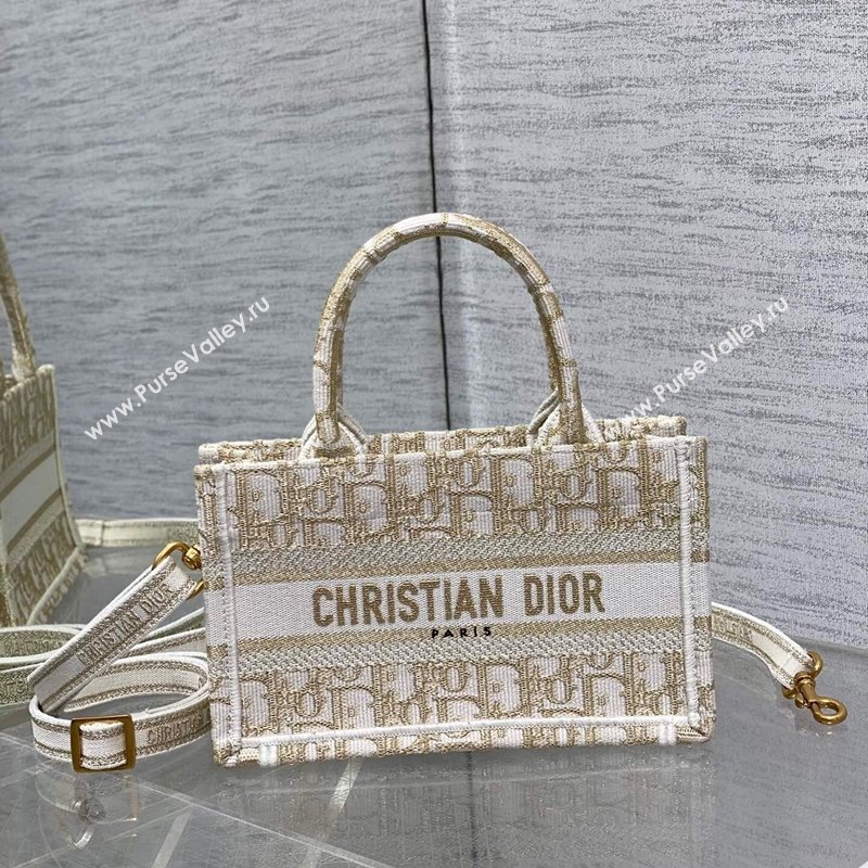 Dior Mini Book Tote Bag with Strap in White and Gold-Tone Dior Oblique Embroidery 2023 (BF-231228022)