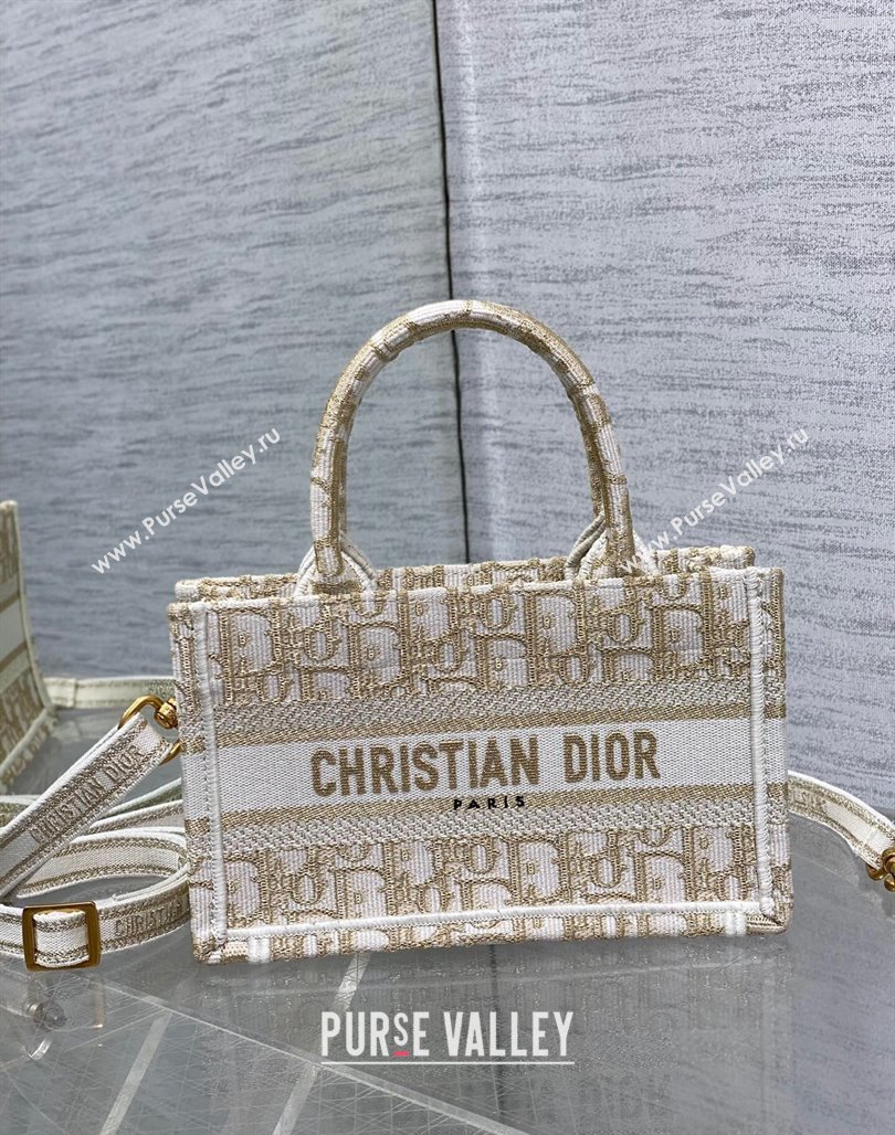 Dior Mini Book Tote Bag with Strap in White and Gold-Tone Dior Oblique Embroidery 2023 (BF-231228022)